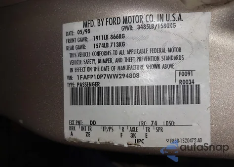 1998 Ford Escort Lx из США, поврежденный, VIN 1FAFP10P7WW294808